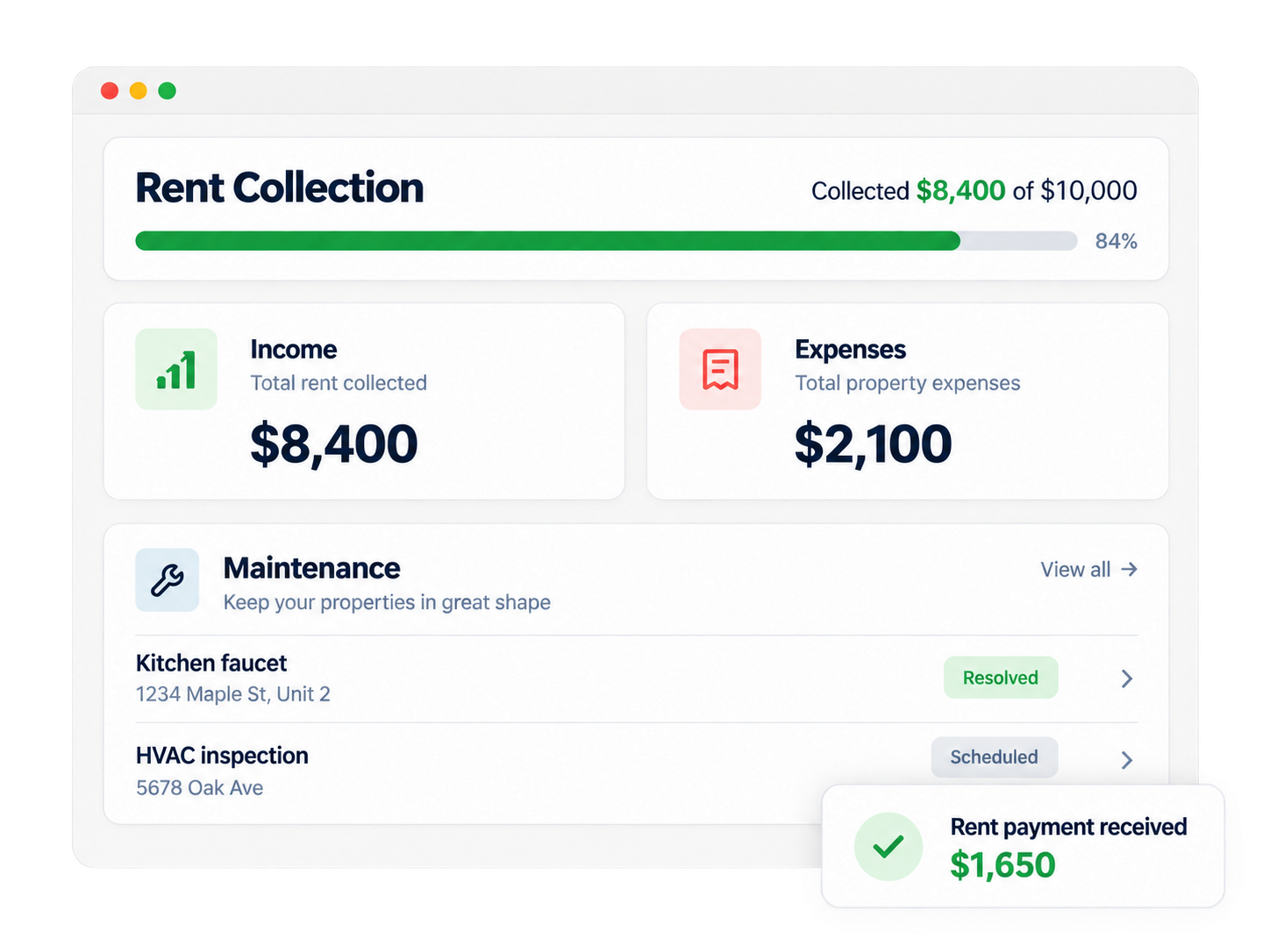 Illustrated rent collection dashboard with payment progress, income, expenses, and a received payment